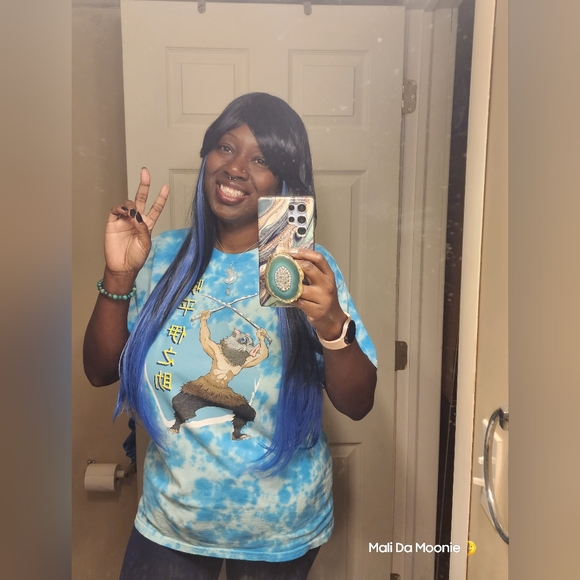 Hot Topic Demon Slayer Tshirt Hashibira Inosuke - L Blue Tie Dye - Picture 1 of 4